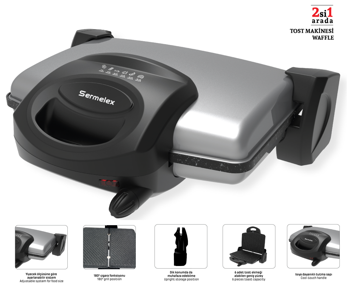 Sermelex 3000 Duo Waffle ve Tost Makinesi 2’si 1 Arada (INOX)